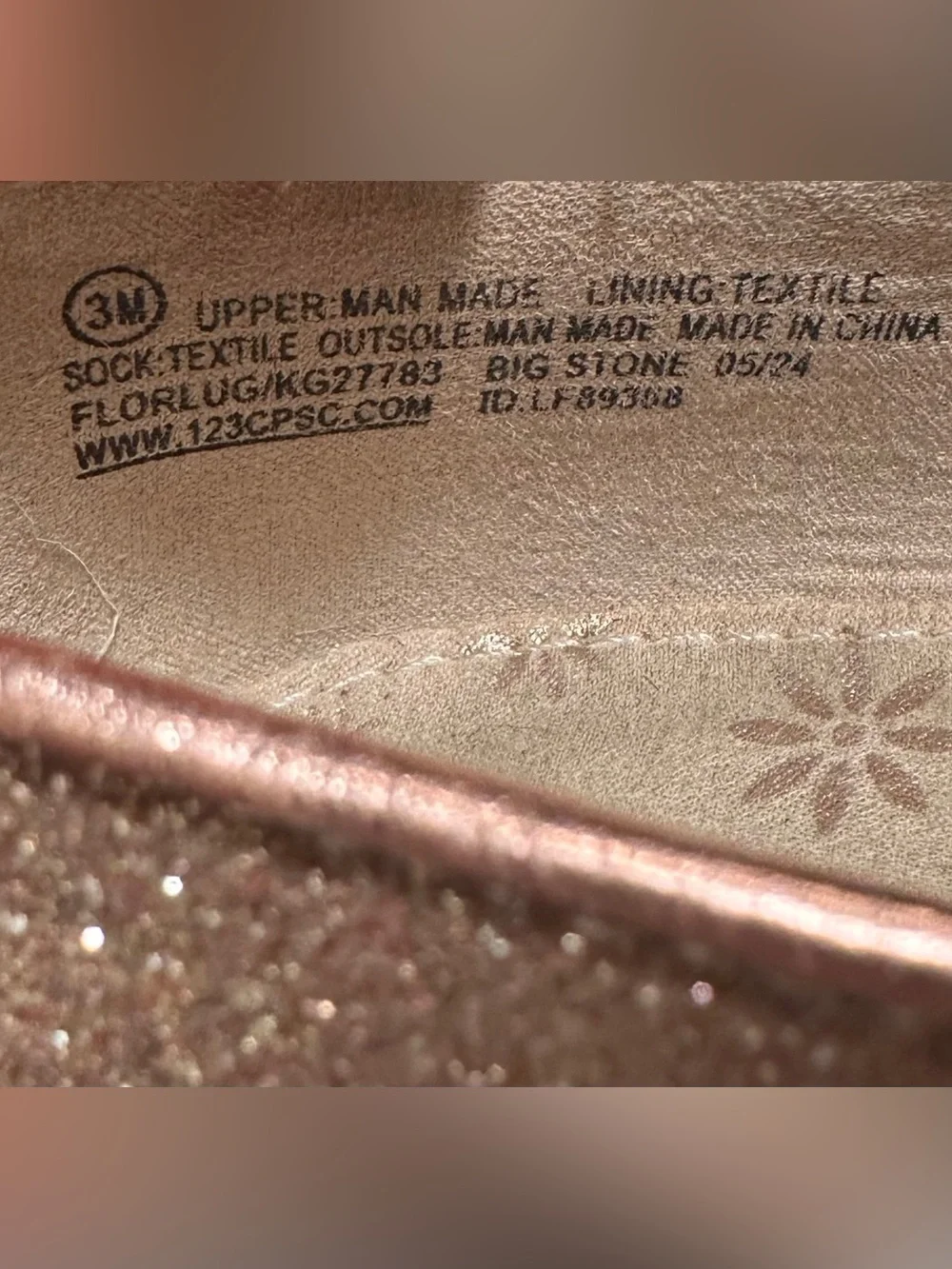 Rose Gold Glitter Mary Jane Shoes with Velcro floral  strap. Size 3M